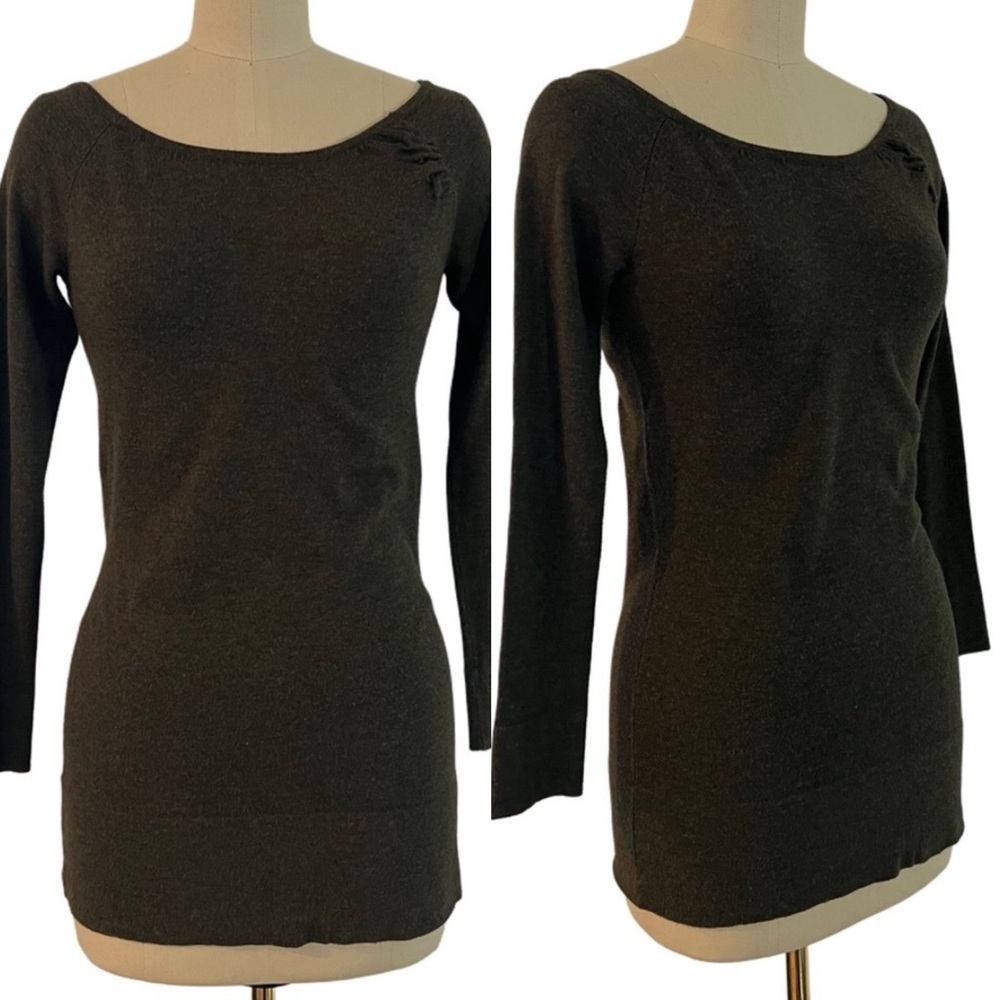 Cache Olive Brown Knit Sweater Top boat neckline Long sleeves S‎